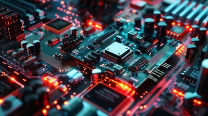 Fototapeta premium Close-up of a circuit board with glowing red and blue lights.