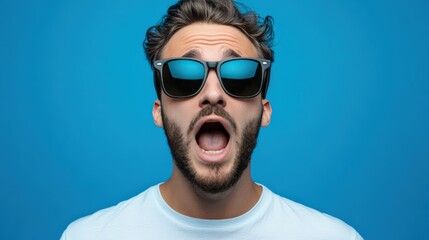 Astonished Guy with Sunglasses in White T-Shirt on Blue Background