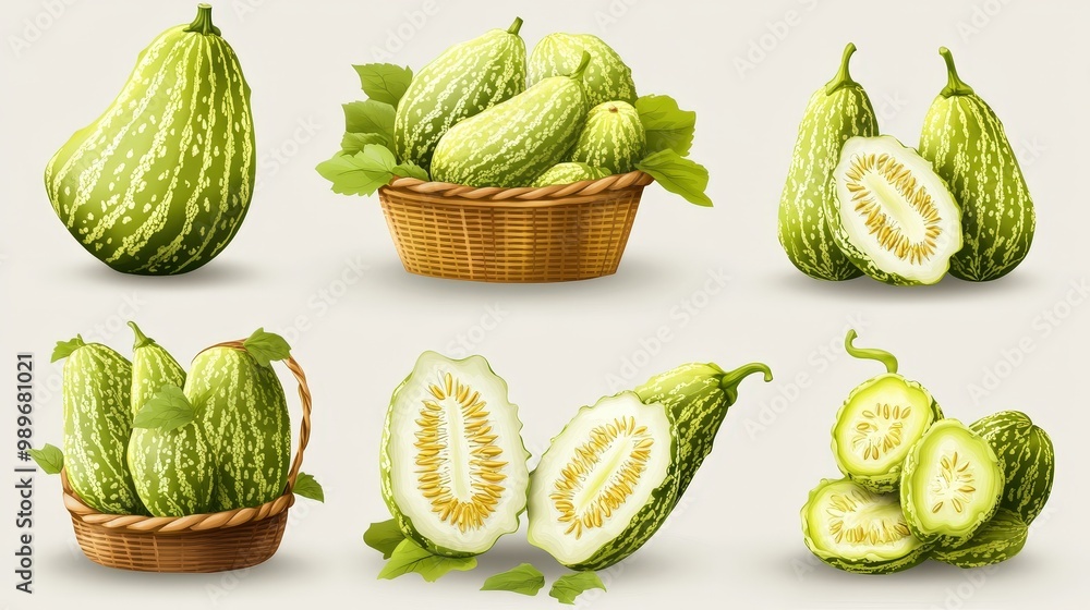 Aufkleber minimal vector mockup template of bitter melon gourds in various views for art and graphic design pr