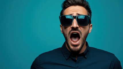 Shocked Man in Sunglasses with a Vibrant Blue Backdrop