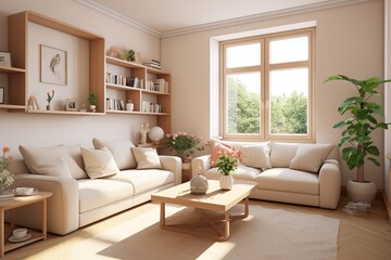 Fototapeta premium Bright and airy living room with cozy sofas and natural light from large windows