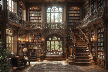 Obraz premium A library styled as a castle's library, with towering bookshelves, a rolling ladder, and a cozy reading nook, illustrating intellectual wealth. Concept of knowledge.
