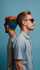 Two men with colorful hair and casual attire posing side by side against plain background
