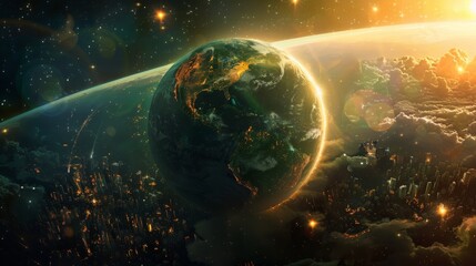 A stunning view of a futuristic city on a distant planet, bathed in the glow of a nearby star.