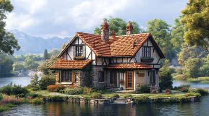 Charming cottage by a serene lake surrounded by lush greenery.