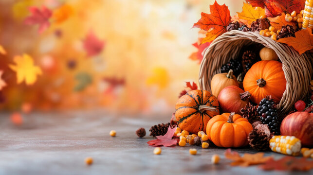 beautiful cornucopia filled with pumpkins and autumn leaves evokes warm Thanksgiving spirit.