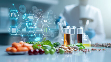 Nutritional data displayed on digital screen with fresh ingredients.