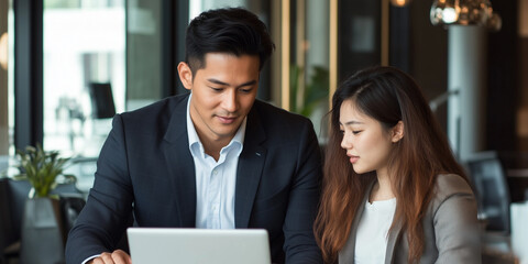 Asian Businessman and business woman working on a IT or financial project on a laptop with a beautiful office background bokeh