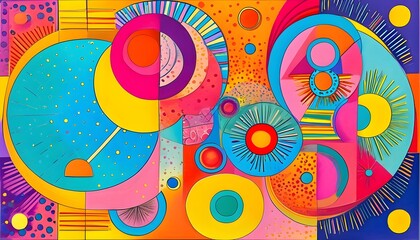 Vibrant Abstract Composition of Colorful Geometric Patterns and Burst of Circles and Lines