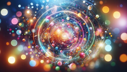Obraz premium Vibrant orbs and swirling light patterns create cosmic, energetic motion with glowing, colorful bokeh elements.