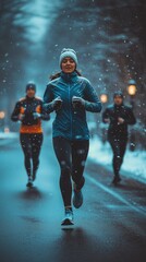 A woman in a blue jacket runs on a snowy road during winter with snowflakes falling around her.