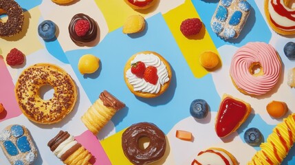 This vibrant business card showcases a delightful array of pastries and desserts artfully arranged