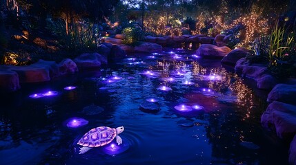 Fototapeta premium A turtle dressed as a wizard, complete with a tiny wand, slowly moves through a mystical pond surrounded by magical lights and reflections, creating a charming and enchanting scene 