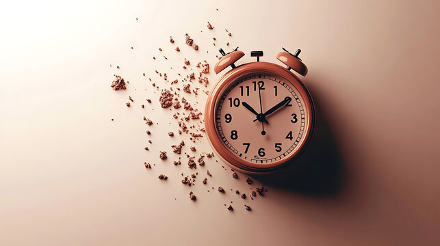 Time Crumbles: An orange vintage alarm clock stands defiant against a crumbling, dusty backdrop, a poignant visual metaphor for the passage of time. 