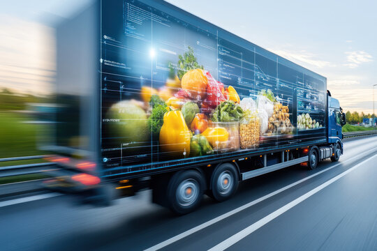 sleek delivery truck transporting fresh produce on highway.