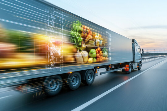 Fast delivery truck transporting fresh produce on highway.