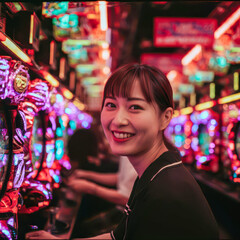Obraz premium A joyful woman engages with a colorful pachinko game, her face illuminated by the radiant neon lights of the pachinko parlour.