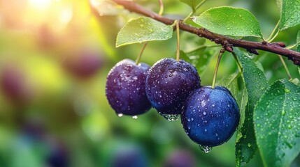 Fresh dark purple plums hanging on a tree
