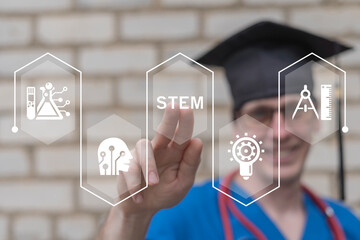 Medical student or graduate doctor using virtual touch screen presses abbreviation: STEM. STEM...