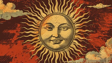 Vintage Sun with a Human Face and Grunge Background