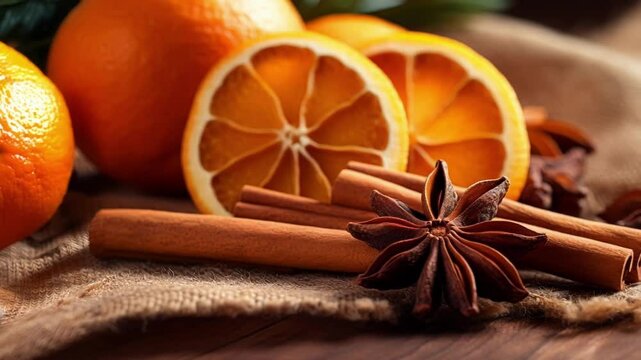 Cinnamon sticks and star anise are laying on a rough burlap surface with dried orange slices, evoking cozy christmas aromas