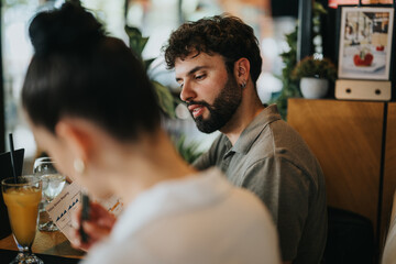 Group of businesspeople having a meeting in a coffee bar, discussing documents and enjoying refreshing drinks. Collaboration and teamwork in a relaxed setting.