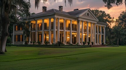 A grand, white-columned mansion glows in the warm light of sunset.  The lush green lawn and surrounding trees add to its stately charm.