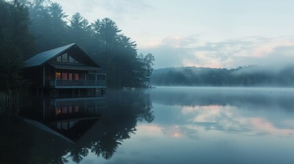 Fototapeta premium A tranquil cabin sits on the edge of a misty lake, reflecting the soft light of the early morning.