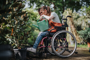 A male with Down syndrome and a female in a wheelchair engage in gardening, surrounded by thriving plants, highlighting inclusivity and nature appreciation.