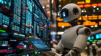 Fototapeta premium In a high-tech stock exchange, robots use tablets to manage trades, highlighting the digital transformation of financial markets through automation 