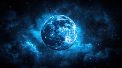 Obraz premium A celestial sphere, a moon in a cosmic dance, bathed in a luminescent blue hue, surrounded by nebulae and a tapestry of twinkling stars