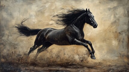 A black horse gallops powerfully across a sandy landscape under a dramatic cloudy sky at dusk