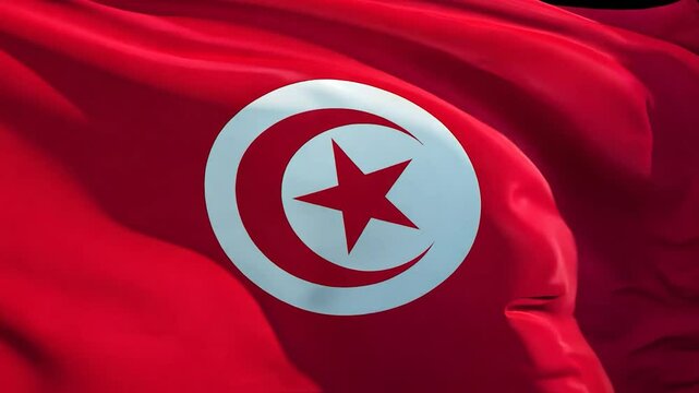 A bold red flag of Tunisia flutters gracefully, prominently featuring a white circle with a crescent and star. The design captures the essence of national pride