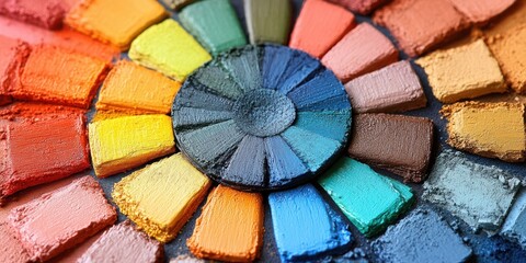 Fototapeta premium A circular arrangement of colorful eyeshadows, showcasing a spectrum of hues from warm reds to cool blues, creating a vibrant and artistic palette for makeup artistry