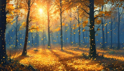 Enchanted autumn forest bathed in warm sunlight, with golden leaves cascading to the ground in a picturesque setting