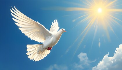 White dove gliding through a radiant blue sky, embodying peace, hope, and the promise of new beginnings under a bright sun