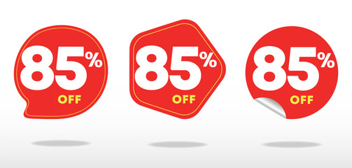 85% off. Offer label, value, price, sticker, quote. Poster, banner, social media, business. Ads campaign, sales, promo, retail, store. Vector, set, icon