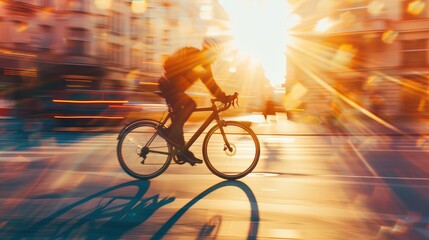 Cyclist commuting through a busy city street at sunset, creating a dynamic and energetic urban scene with motion blur.