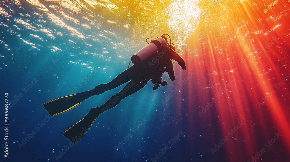 Wall mural a scuba diver explores the deep ocean, bathed in rays of sunlight from above.