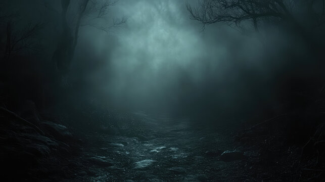 A dark forest with a foggy mist and a path through it