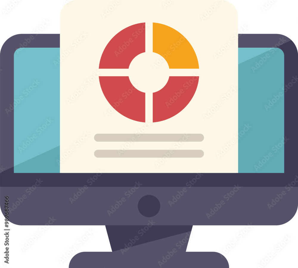 Poster desktop computer showing a pie chart on its screen, representing data analysis and business reports