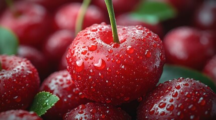 A closeup view of a single cherry covered in dew drops, the surrounding cherries blurred in the background