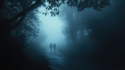 A couple walking in the woods at night