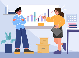 Two people at the office talking, business discussion graphics accountant