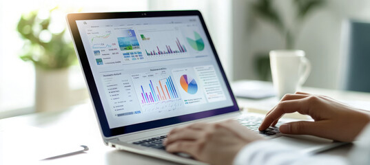 Close up of hands on laptop with graphs and charts on the screen.