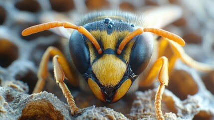 A close-up view of a yellow jacket wasp with its compound eyes and orange antennae in sharp focus