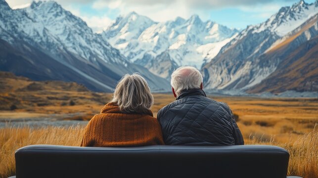 Elderly couple sitting on a bench enjoying a scenic mountain view, symbolizing retirement and peaceful contemplation.