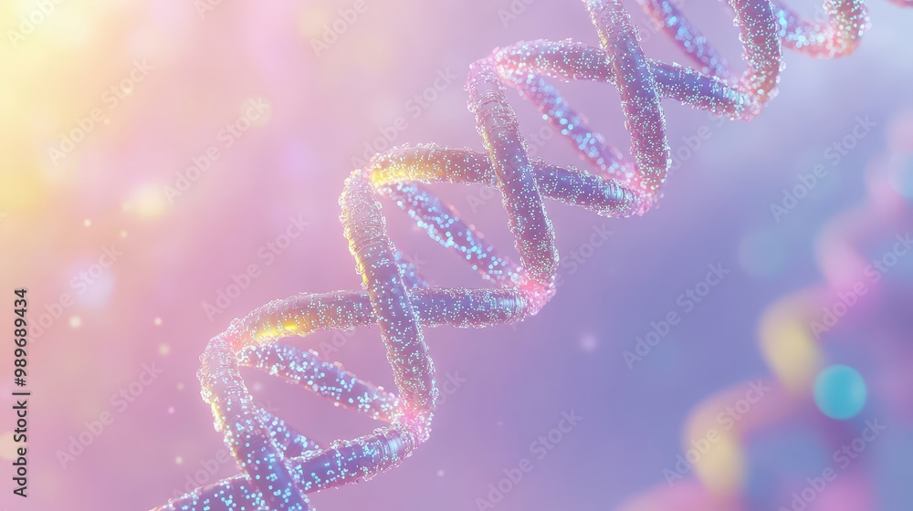 Poster genetic data analysis: dna helix with data points on pastel background in bioinformatics concept