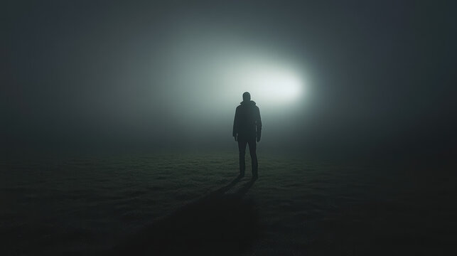 A man stands in a field of grass in the dark