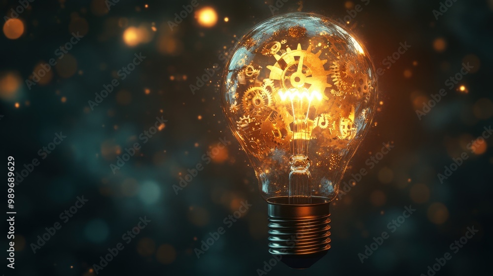 Poster illuminating innovation: light bulb with gears and cogs symbolizing creative synergy in technology